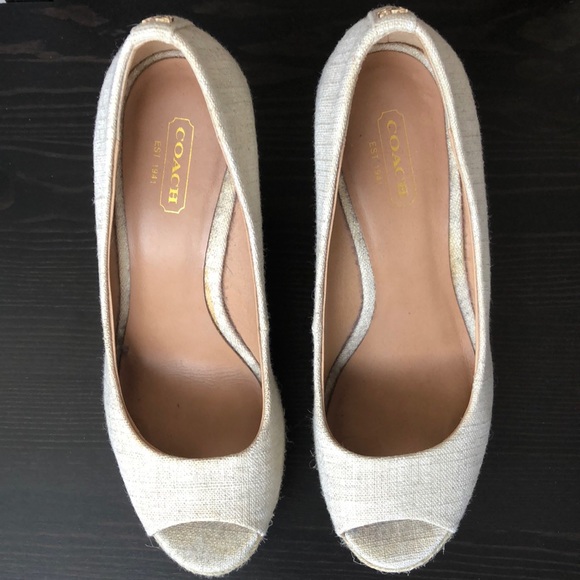 Coach Shoes - Tan Canvas Milan Peep Toe Wedges
